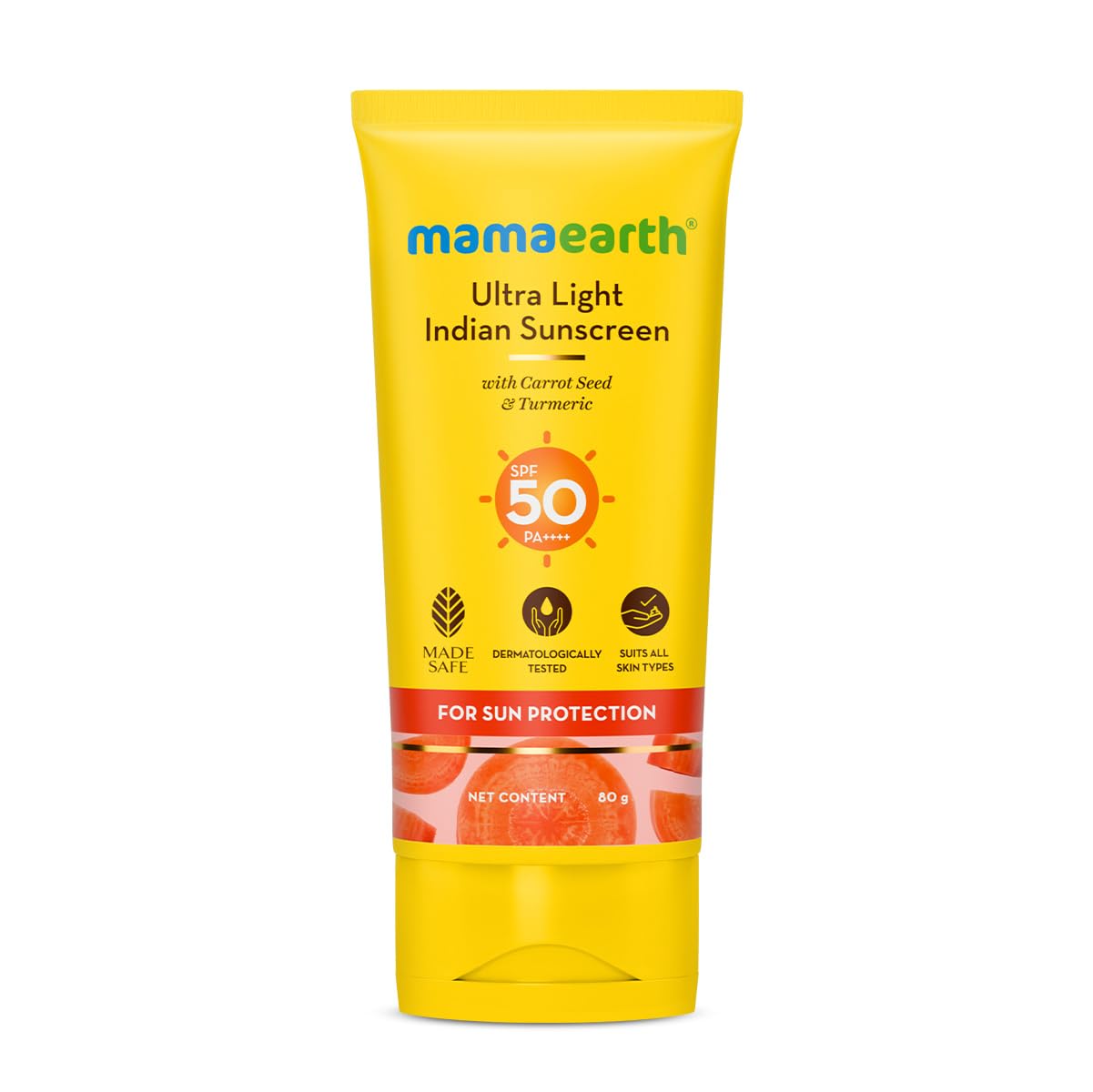 Mamaearth Ultra Light Natural Sunscreen Lotion SPF 50 PA+++ With Turmeric & Carrot Seed, 80ml