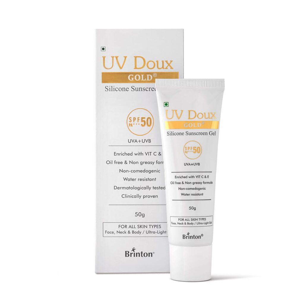 Brinton UV Doux Gold Silicone Sunscreen Gel SPF 50 PA+++ With Vitamin C & E | Clinically Tested, Water Resistant & Non- Greasy | UVA/UVB Protection Against UVA/UVB Rays| For All Skin Types, 50 gm