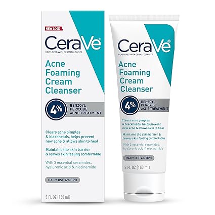 CeraVe Acne Foaming Cream Cleanser Acne Treatment Face Wash with 4% Benzoyl Peroxide, 150ml